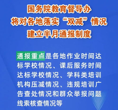 国务院教育督导办将对各地落实“双减”情况建立半月通报制度,建“双减”曝光台!